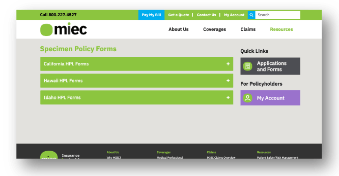 MIEC specimen policy forms page