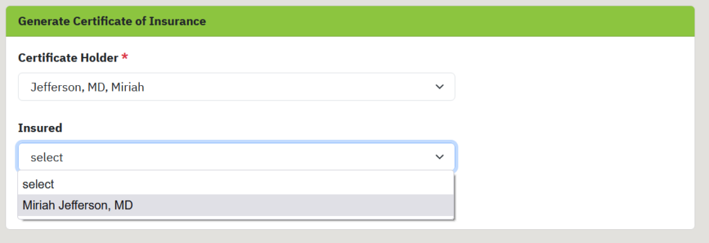 screen shot showing drop downs to select who to generate a COI for.