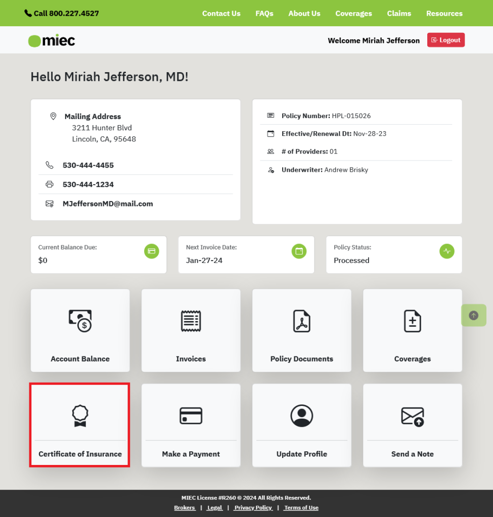screenshot of dashboard with certificate of insurance tile highlighted in red.
