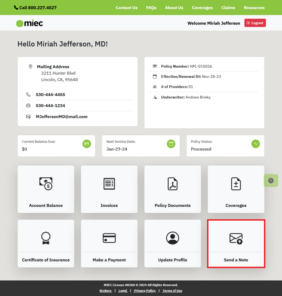 screenshot of a dashboard with the send a note tile highlighted in red.