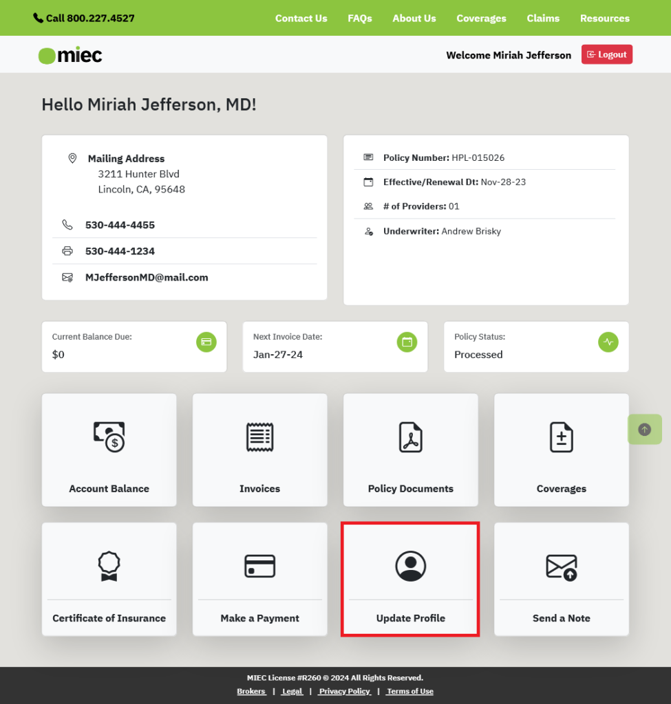 dashboard screenshot with update profile tile highlighted in red.