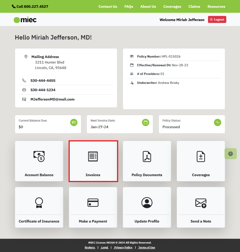 A screenshot of member dashboard with the invoices tile highlighted in red.