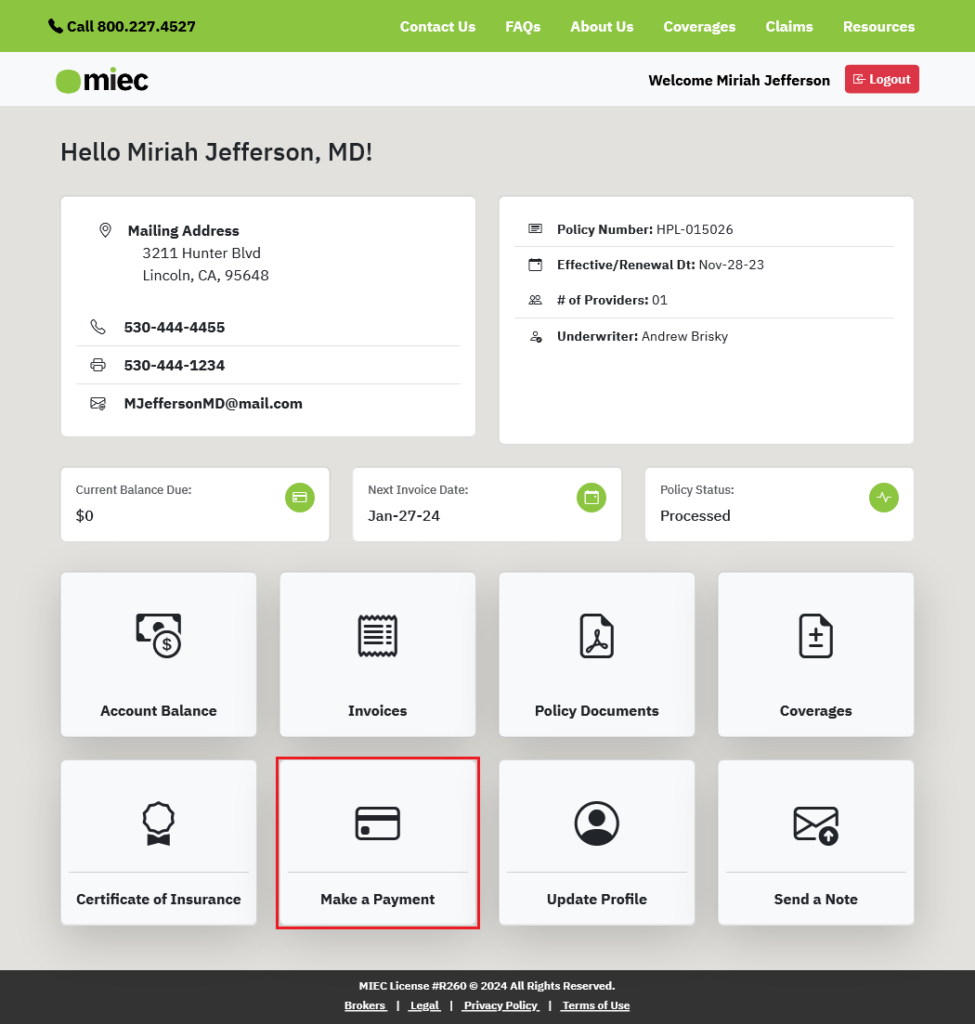 Dashboard with Make a Payment button highlighted in red.