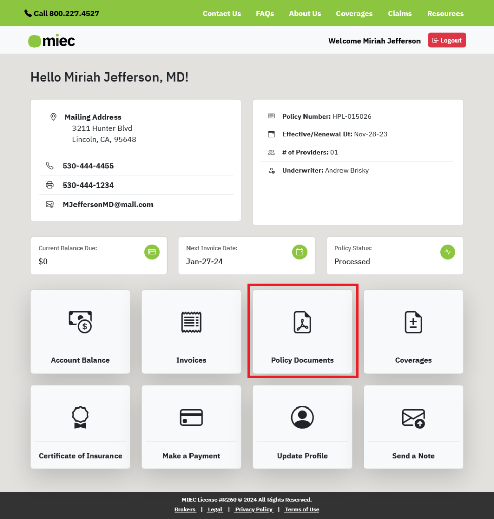 MIEC member dashboard with red highlighted box around policy documents button.