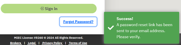 screenshot of success message pop up after password reset request